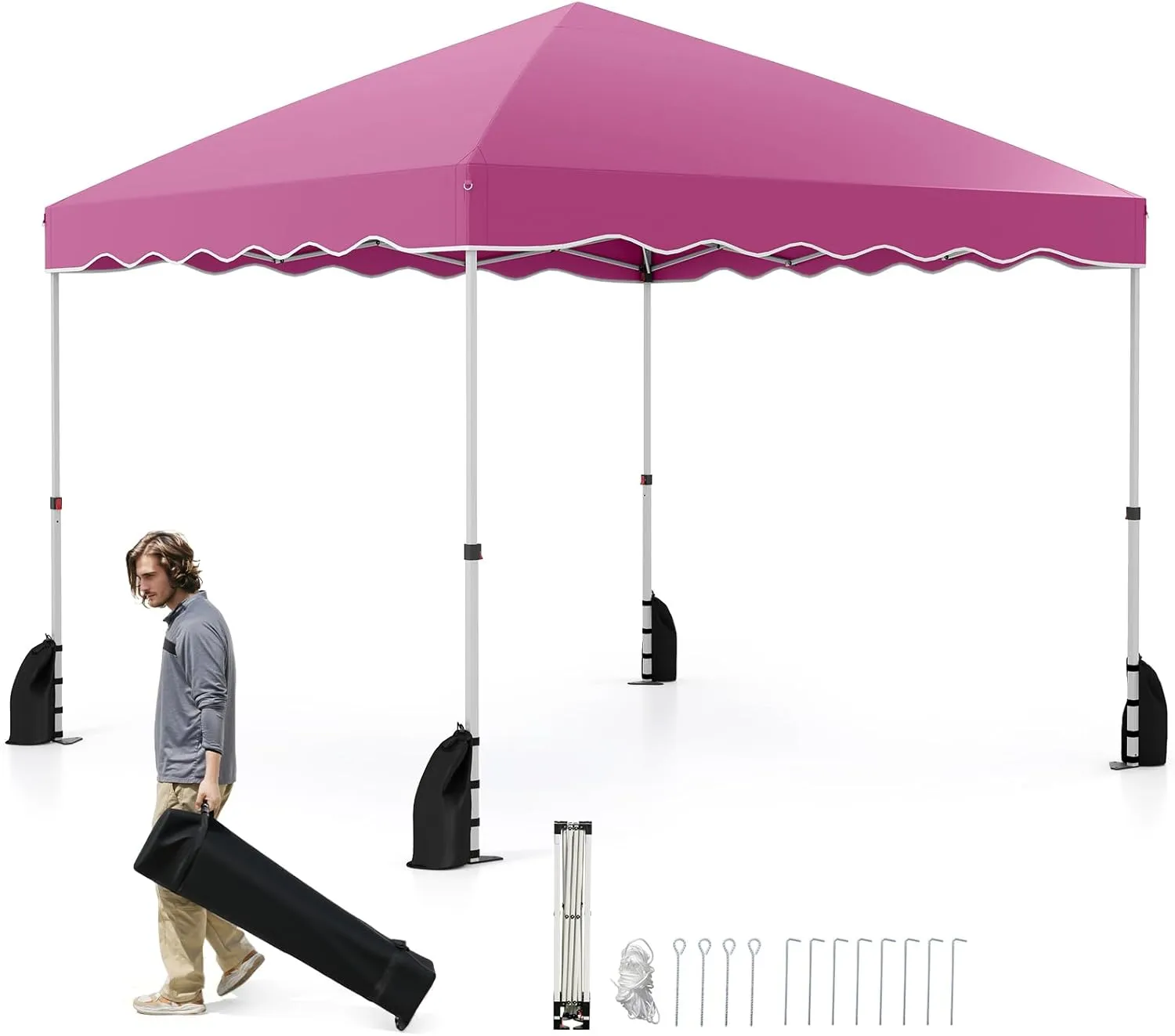Goplus 10 X 10 FT Pop up Canopy Tent, Portable Foldable Outdoor Patio Shelter w/Wheeled Bag, 8 Stakes, 4 Anchors, 4 Wind Ropes, 4 Sandbags, Heavy-Duty Commercial Party Event Camping Tent, Easy (Pink)