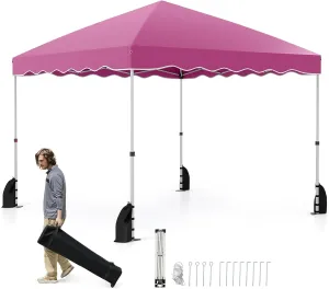 Goplus 10 X 10 FT Pop up Canopy Tent, Portable Foldable Outdoor Patio Shelter w/Wheeled Bag, 8 Stakes, 4 Anchors, 4 Wind Ropes, 4 Sandbags, Heavy-Duty Commercial Party Event Camping Tent, Easy (Pink)