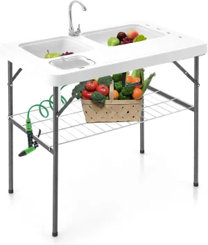 Goplus 40'' Folding Fish Cleaning Table with Dual Water Basins, Faucet Drainage Hose & Sprayer, Portable Camping Sink Table, Outdoor Fish Fillet Cleaning Station with Grid Rack for Picnic