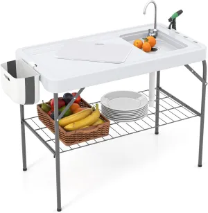Goplus 42.5'' Folding Fish Cleaning Table with Sink and Spray Nozzle, Portable Camping Sink Table with Faucet, Drainage Hose, Grid Rack, Knife Groove, Outdoor Fish Fillet Cleaning Station for Picnic