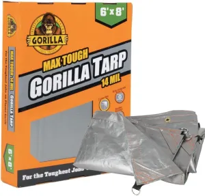 Gorilla 97050E Max Tough Tarp 6' x 8' - Heavy-Duty 14 MIL & 16X16 Weave - UV Treated, Reinforced Hems, Brass Grommets, Durable and Weather-Resistant, D-Ring Corners - 97050