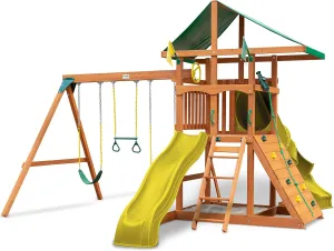 Gorilla Playsets 01-1073-Y Outing Wood Swing Set with Green Vinyl Tarp & Twisted Tube Slide - Yellow Slides, Amber