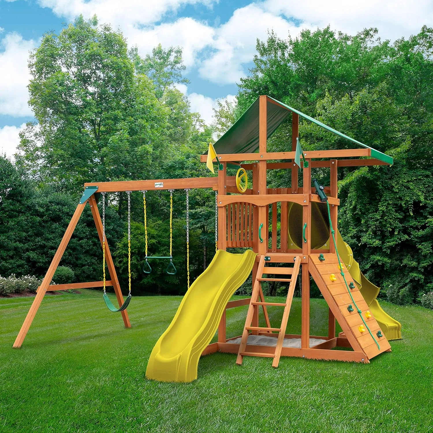 Gorilla Playsets 01-1073-Y Outing Wood Swing Set with Green Vinyl Tarp & Twisted Tube Slide - Yellow Slides, Amber