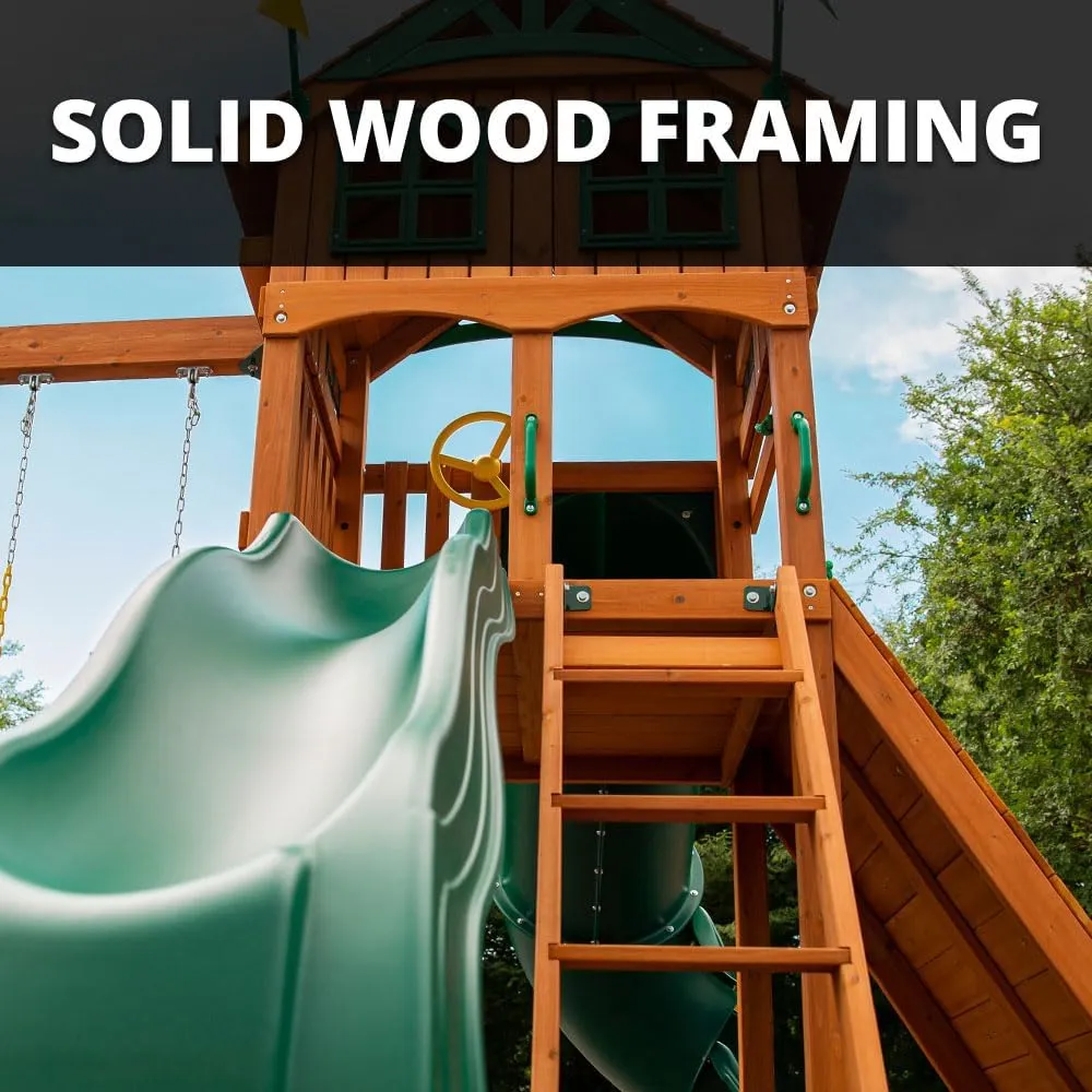 Gorilla Playsets 01-1073-Y Outing Wood Swing Set with Green Vinyl Tarp & Twisted Tube Slide - Yellow Slides, Amber