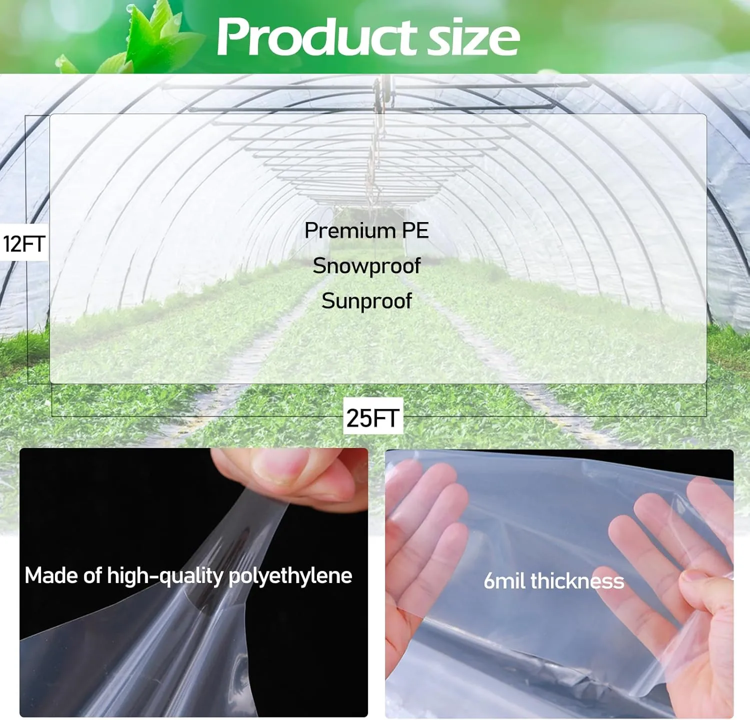 Greenhouse Plastic Sheeting 6 mil,12 x 25 FT Heavy Duty Clear Polyethylene Film for Greenhouses Waterproof Cover, UV Resistant Poly Tarp Hoop Covering for Farms Greenhouse Garden Outdoor Agriculture