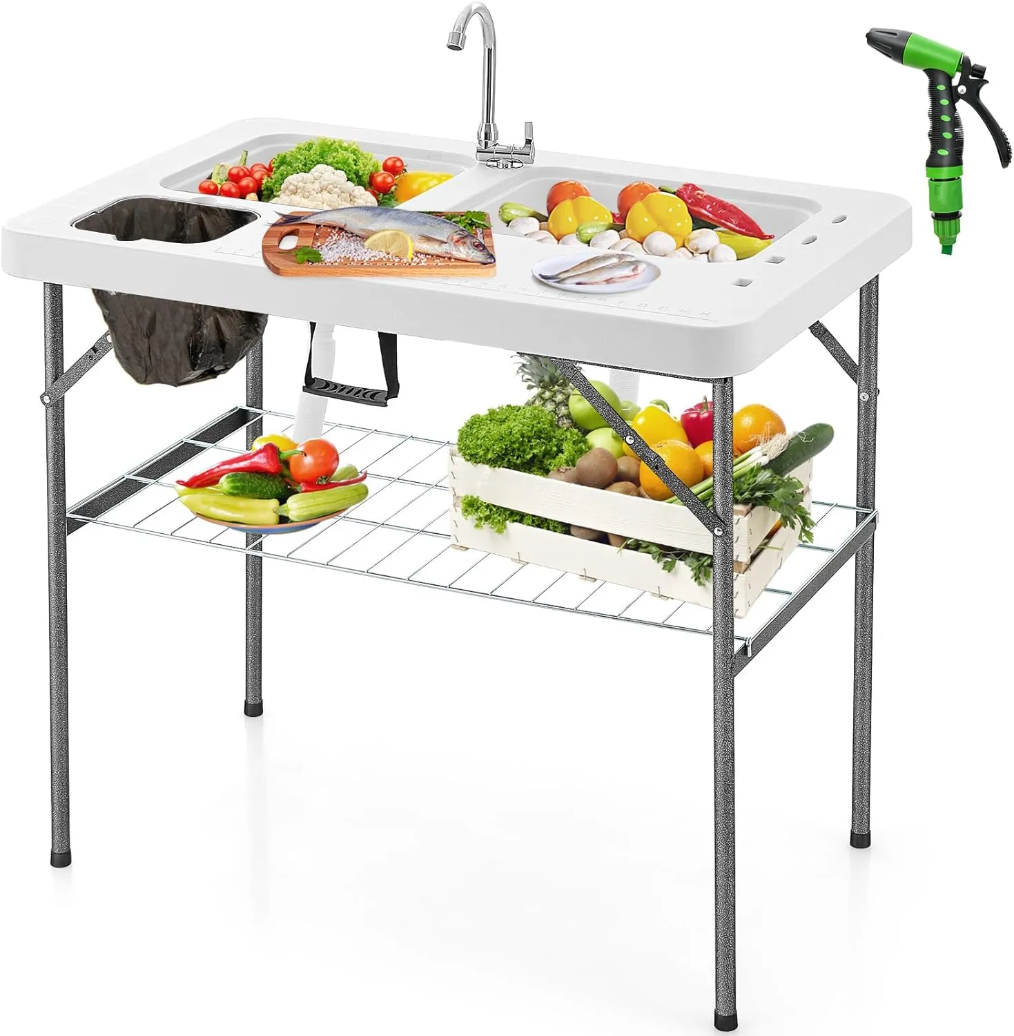 GYMAX Fish Cleaning Table with 2 Sinks, Folding Fish Fillet Cleaning Station with Faucet, Drainage Hoses & Sprayer, Portable Camping Table with Storage for Fishing, Picnic