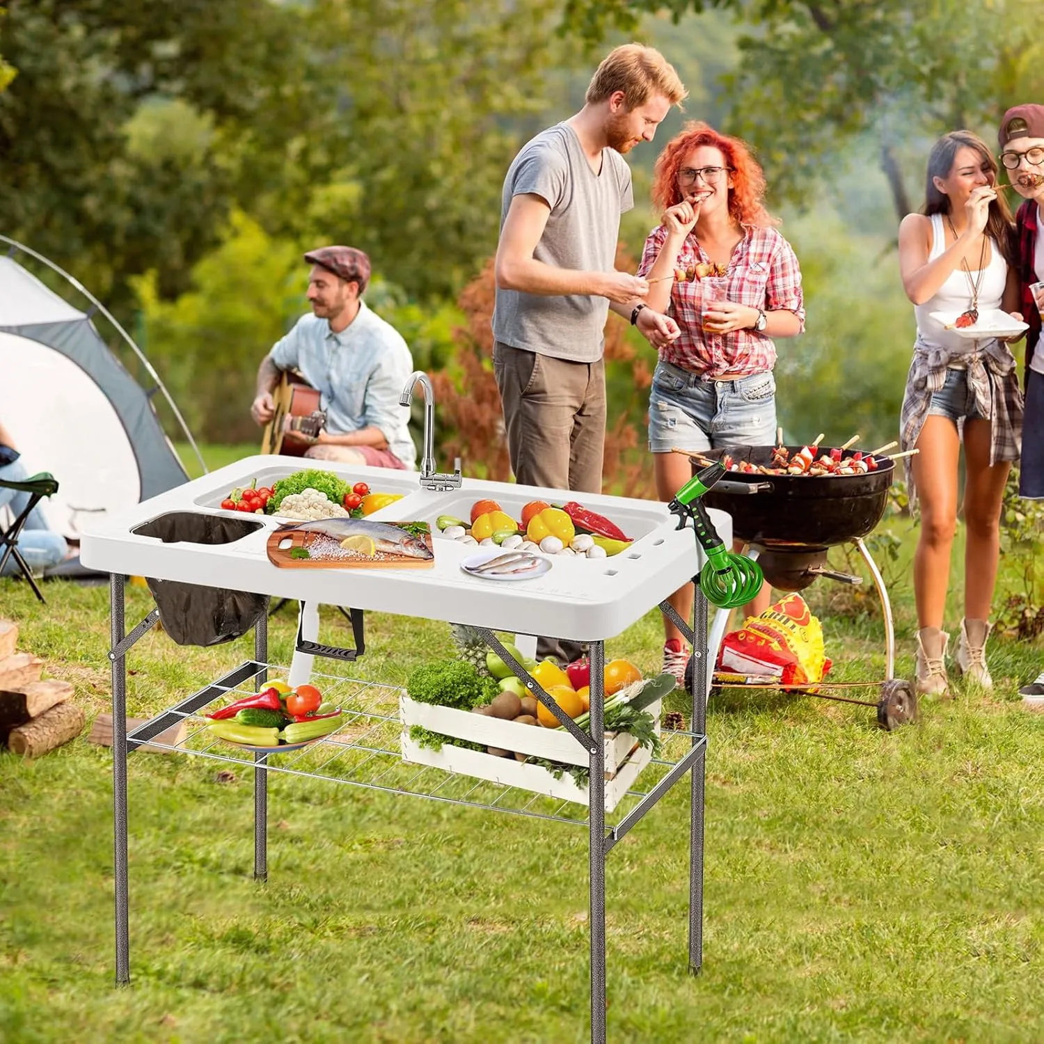 GYMAX Fish Cleaning Table with 2 Sinks, Folding Fish Fillet Cleaning Station with Faucet, Drainage Hoses & Sprayer, Portable Camping Table with Storage for Fishing, Picnic