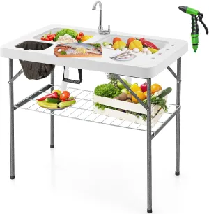 GYMAX Fish Cleaning Table with 2 Sinks, Folding Fish Fillet Cleaning Station with Faucet, Drainage Hoses & Sprayer, Portable Camping Table with Storage for Fishing, Picnic