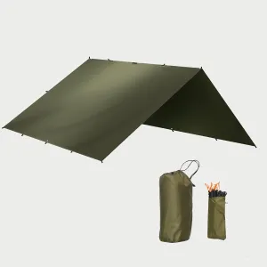 Hammock Rain Fly 10x10ft, Portable Camping tarp Waterproof, Reusable Ultralight Survival Shelter, Olive Green Rectangle Camping Tarps with Stakes, Wind Ropes and Carry Bag