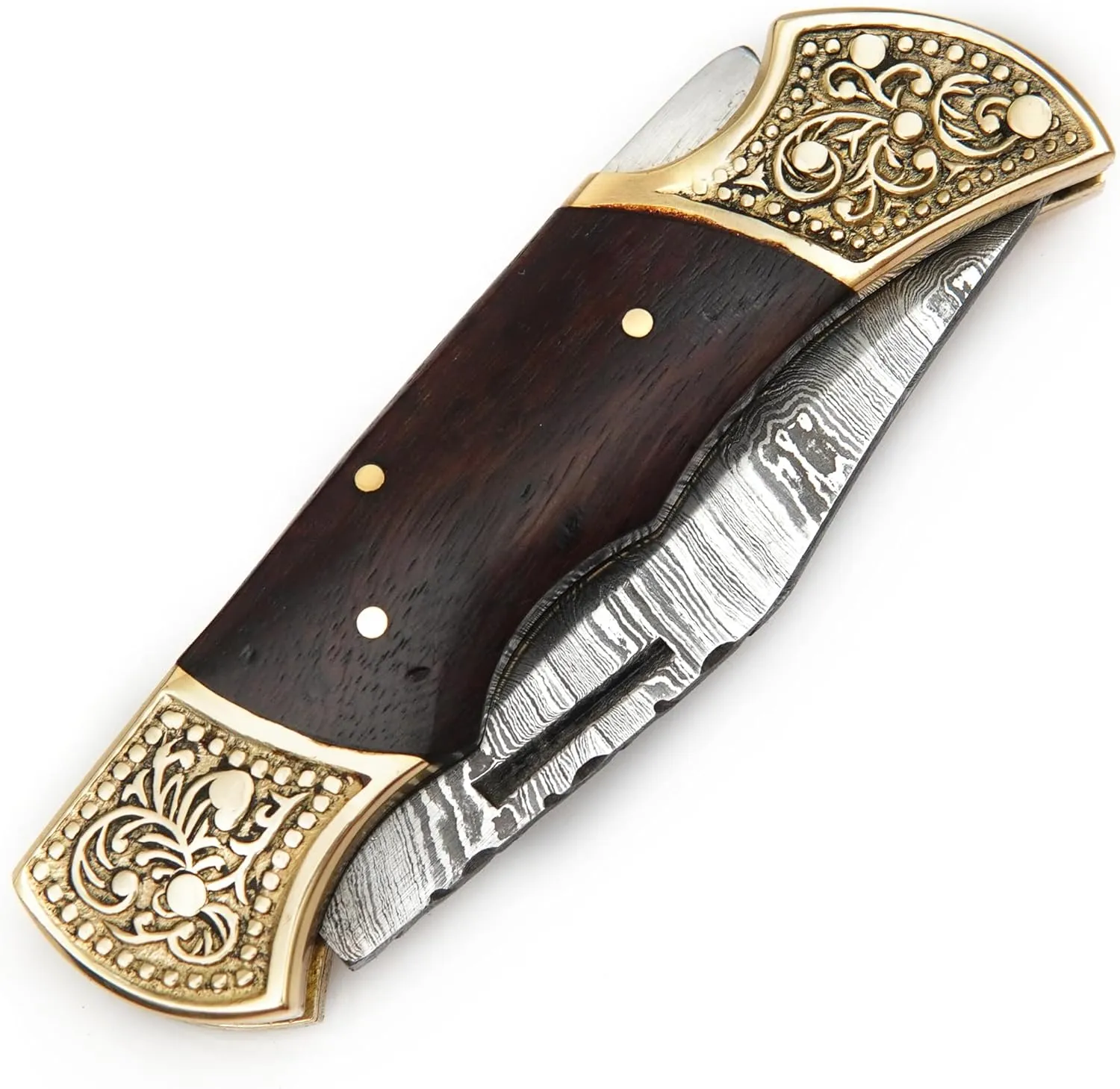 Handmade Damascus Pocket knife for Men - Damascus Folding Knife - Hunting Knife with Sheath for Champing, Hiking, Tracking - Gift for Men, Anniversary Present for Him, Dad, Boyfriend - Rose Wood