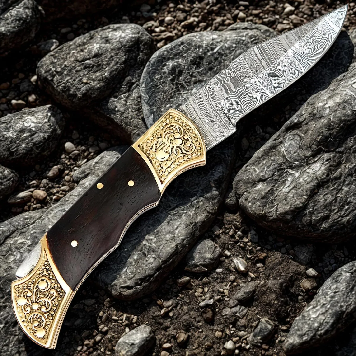 Handmade Damascus Pocket knife for Men - Damascus Folding Knife - Hunting Knife with Sheath for Champing, Hiking, Tracking - Gift for Men, Anniversary Present for Him, Dad, Boyfriend - Rose Wood