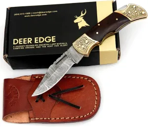 Handmade Damascus Pocket knife for Men - Damascus Folding Knife - Hunting Knife with Sheath for Champing, Hiking, Tracking - Gift for Men, Anniversary Present for Him, Dad, Boyfriend - Rose Wood