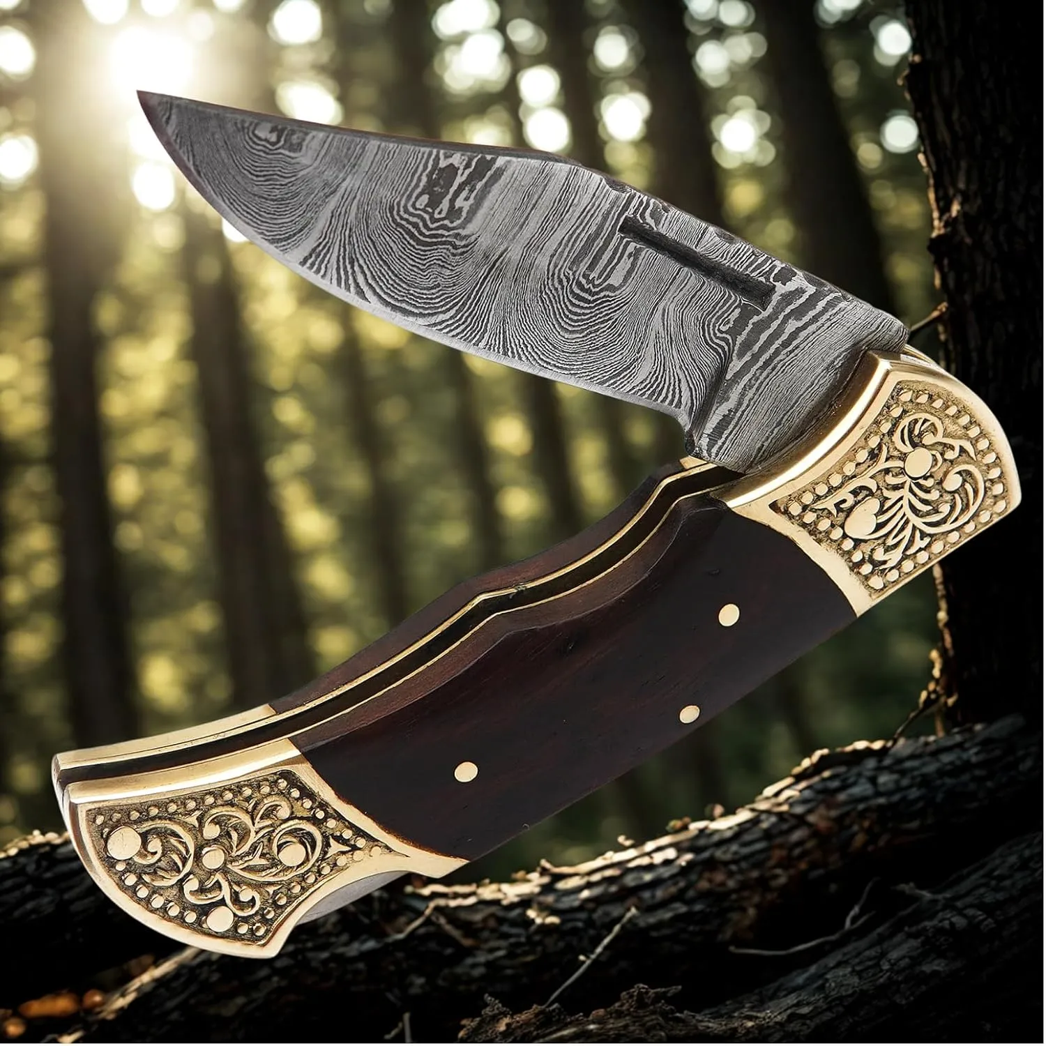 Handmade Damascus Pocket knife for Men - Damascus Folding Knife - Hunting Knife with Sheath for Champing, Hiking, Tracking - Gift for Men, Anniversary Present for Him, Dad, Boyfriend - Rose Wood