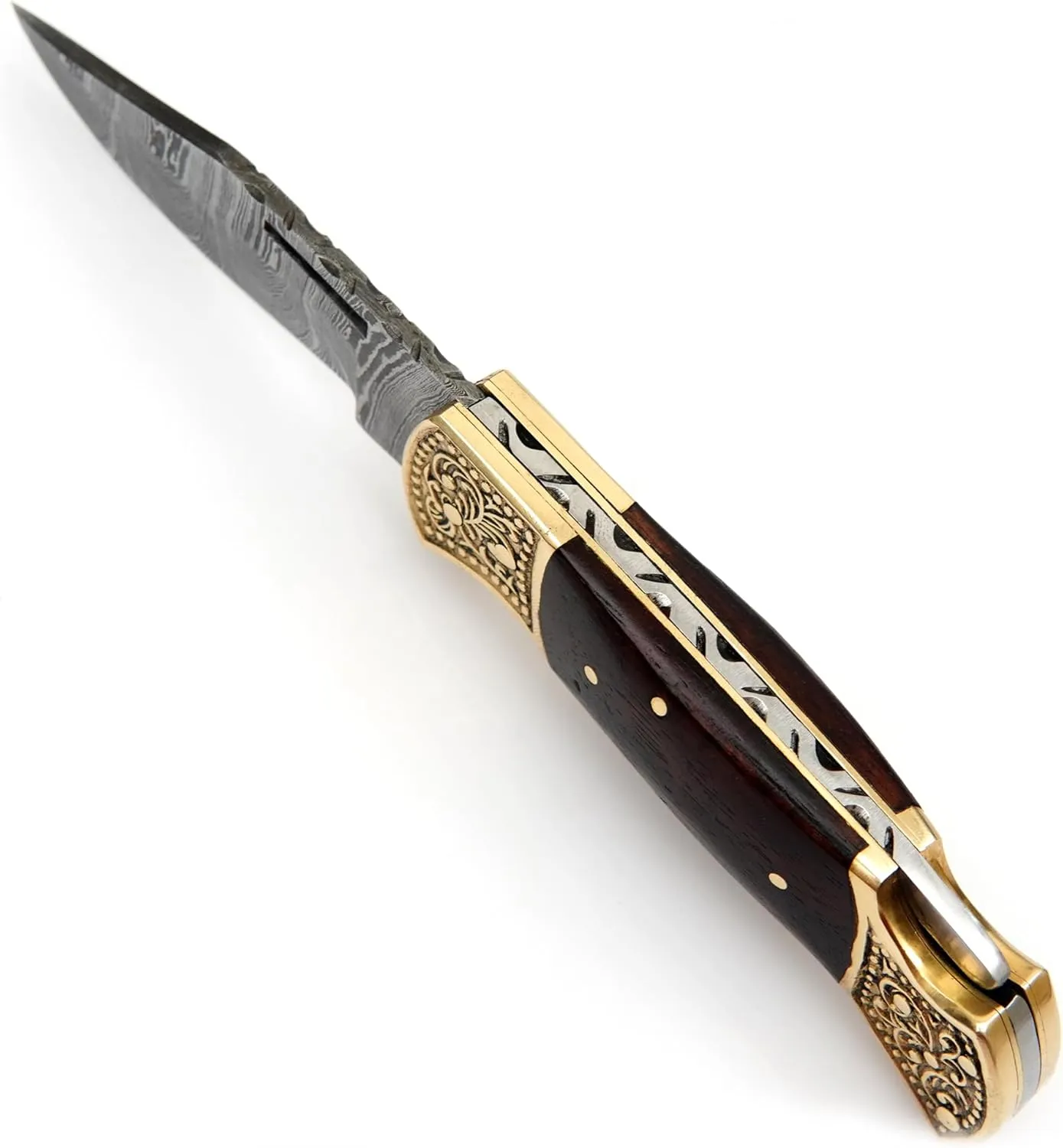 Handmade Damascus Pocket knife for Men - Damascus Folding Knife - Hunting Knife with Sheath for Champing, Hiking, Tracking - Gift for Men, Anniversary Present for Him, Dad, Boyfriend - Rose Wood
