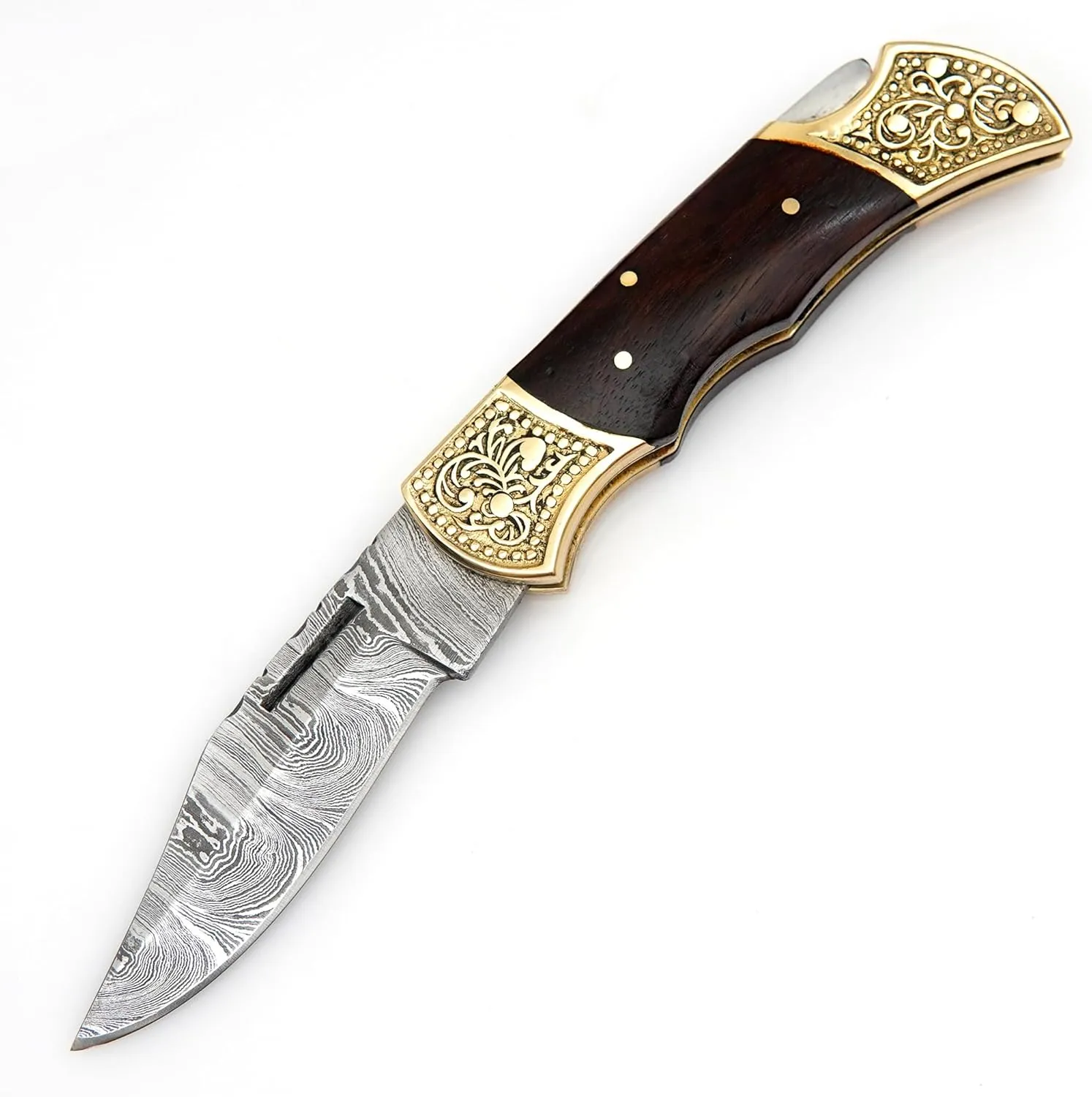 Handmade Damascus Pocket knife for Men - Damascus Folding Knife - Hunting Knife with Sheath for Champing, Hiking, Tracking - Gift for Men, Anniversary Present for Him, Dad, Boyfriend - Rose Wood