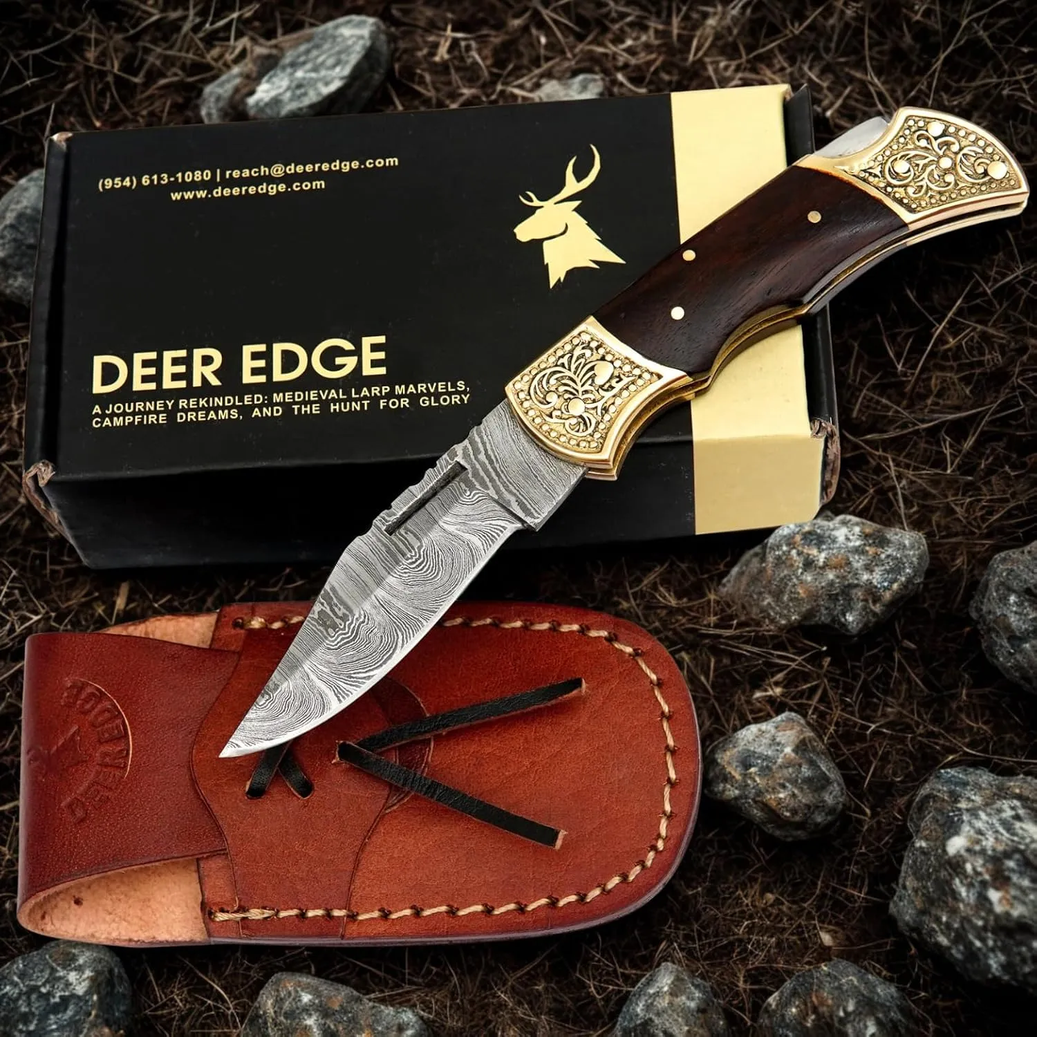 Handmade Damascus Pocket knife for Men - Damascus Folding Knife - Hunting Knife with Sheath for Champing, Hiking, Tracking - Gift for Men, Anniversary Present for Him, Dad, Boyfriend - Rose Wood