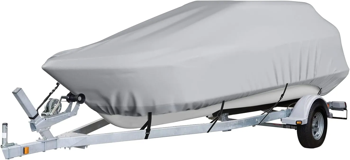 Heavy-Duty Boat Cover,Oxford 600D Waterproof Trailerable Boat Cover Anti-Uv Boat Tarp Deck Boat Covers Center Console Cover Boat Bass Tracker Boat Cover,Fits V-Hull,Gray,11~13FT