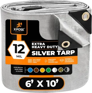 Heavy Duty Silver Poly Tarp 6' X 10' - Multipurpose Protective Cover - Durable, Waterproof, Weather Proof, Rip and Tear Resistant - Extra Thick 12 Mil Polyethylene - by Xpose Safety