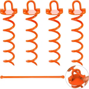 Heavy Duty Spiral Ground Anchors 12 Inch 4 Pack, Windproof Metal Stakes with Crowbar for Trampoline, Shed, Camping Tent, Orange