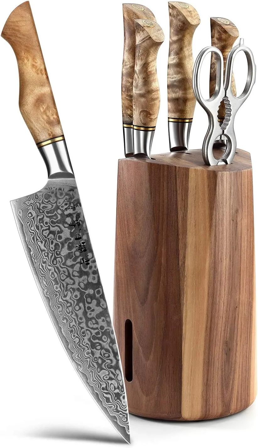 HEZHEN 7PCS Kitchen Knives Set - Professional Forging Damascus High Carbon Steel Chef Knife, Santoku, Bread, Utility, Fruit Knives & Multifunctional Kitchen Scissors - 6Slot Black Walnut Block