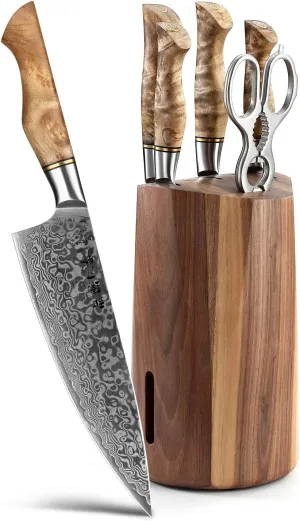 HEZHEN 7PCS Kitchen Knives Set - Professional Forging Damascus High Carbon Steel Chef Knife, Santoku, Bread, Utility, Fruit Knives & Multifunctional Kitchen Scissors - 6Slot Black Walnut Block
