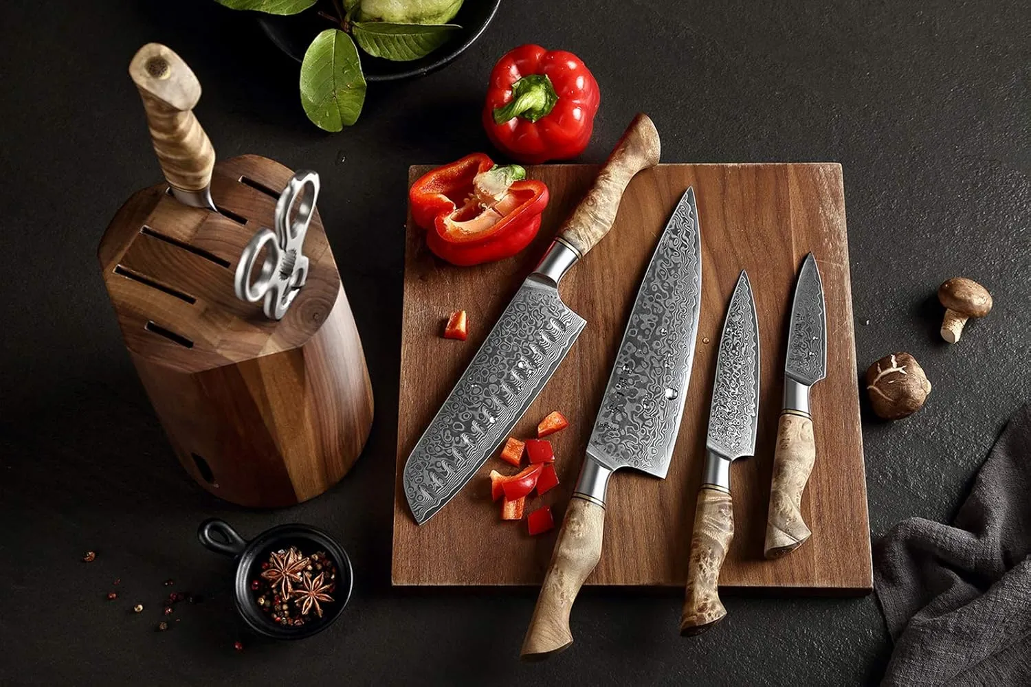HEZHEN 7PCS Kitchen Knives Set - Professional Forging Damascus High Carbon Steel Chef Knife, Santoku, Bread, Utility, Fruit Knives & Multifunctional Kitchen Scissors - 6Slot Black Walnut Block
