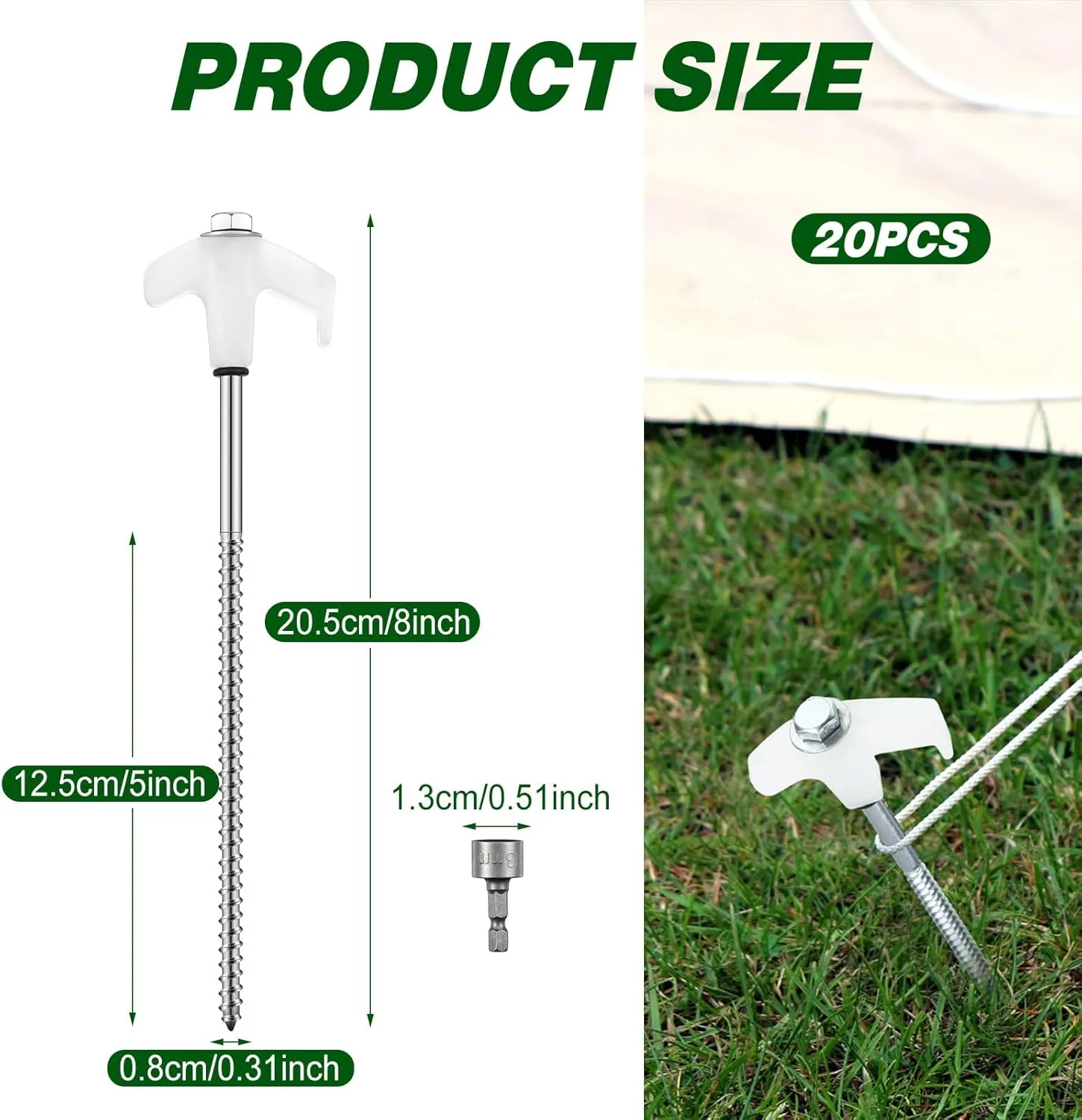 Hicarer 20 Pcs 20 Pcs 8'' Screw in Tent Stakes Heavy Duty Ground Metal Stakes for Inflatables with Hex Head Driver for Outdoor Camping Tent Inflatable Garden Decor (Luminous White)