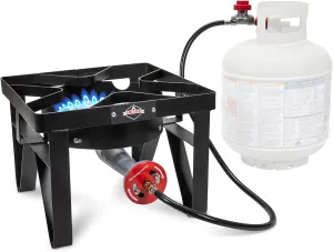 Hike Crew Cast Iron Single-Burner Outdoor Gas Stove | 220,000 BTU Portable Propane-Powered Cooktop | with Blue Flame Air Control Panel, Hose with Adjustable 0-20 PSI Regulator