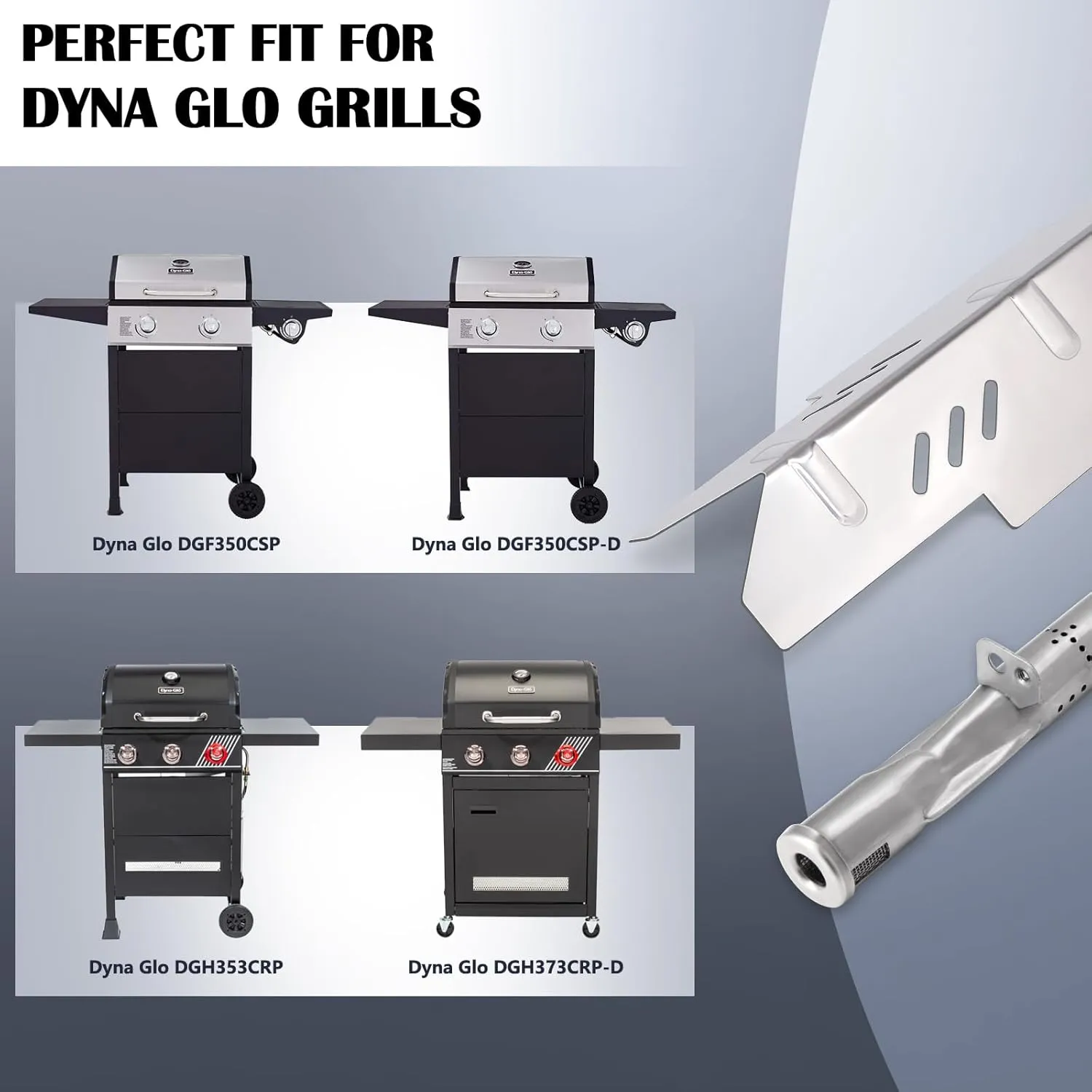 Hiorucet DGF350CSP Grill Replacement Parts for Dyna Glo 2 Burners, Heat Plate Shield Tent Burner Covers and Burner Tubes for Dyna Glo BBQ Grill Parts DGF350CSP-D, DGH353CRP, DGH373CRP-D, DGC350CNP-D.