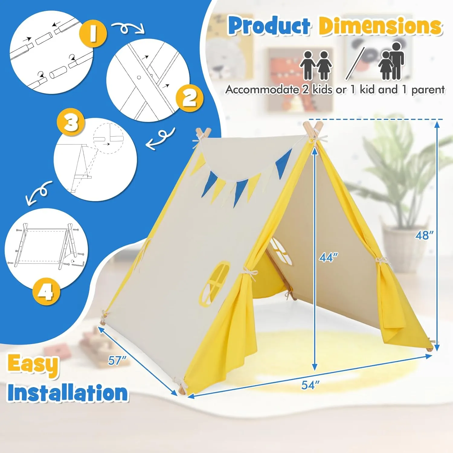 HONEY JOY Teepee Tent for Kids, Large Kids Play Tent w/Pine Wood Frame, Flags & Windows, Indoor Outdoor Playhouse Toddler Tent, 54" x 57" x 48", Kids Tent for Boys Girls Slumber Party