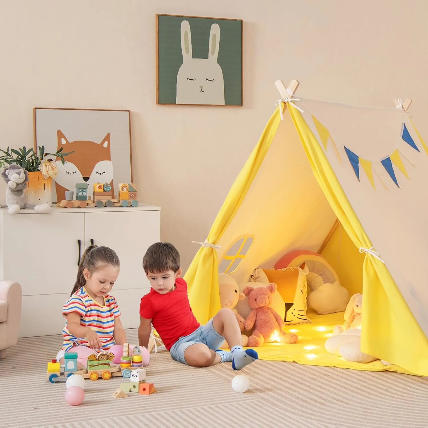 HONEY JOY Teepee Tent for Kids, Large Kids Play Tent w/Pine Wood Frame, Flags & Windows, Indoor Outdoor Playhouse Toddler Tent, 54" x 57" x 48", Kids Tent for Boys Girls Slumber Party