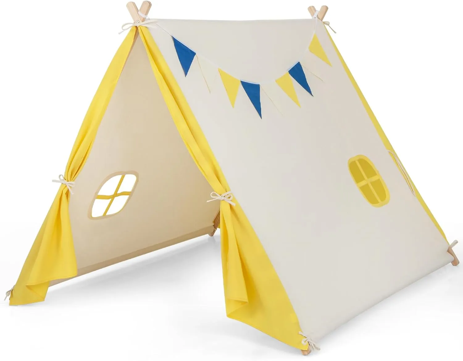 HONEY JOY Teepee Tent for Kids, Large Kids Play Tent w/Pine Wood Frame, Flags & Windows, Indoor Outdoor Playhouse Toddler Tent, 54" x 57" x 48", Kids Tent for Boys Girls Slumber Party