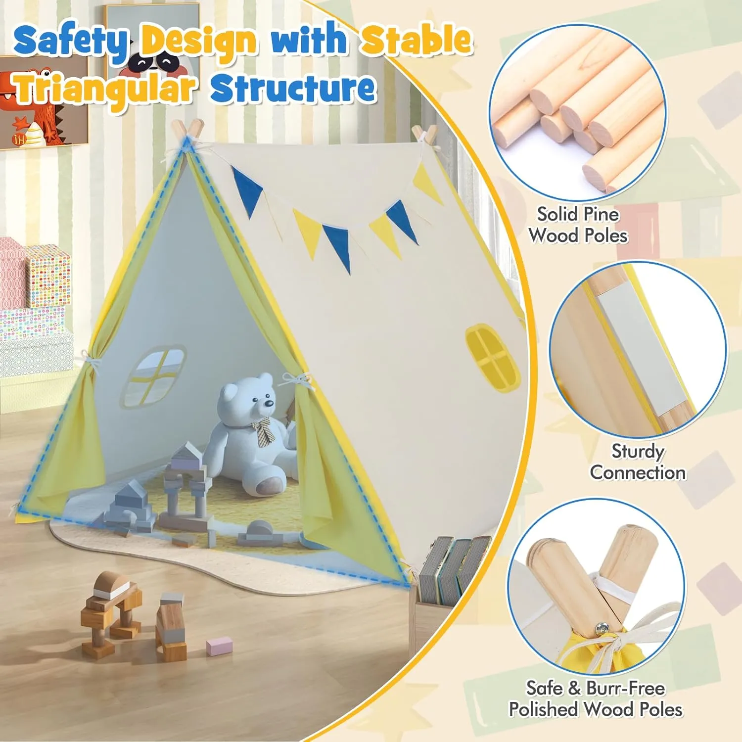 HONEY JOY Teepee Tent for Kids, Large Kids Play Tent w/Pine Wood Frame, Flags & Windows, Indoor Outdoor Playhouse Toddler Tent, 54" x 57" x 48", Kids Tent for Boys Girls Slumber Party