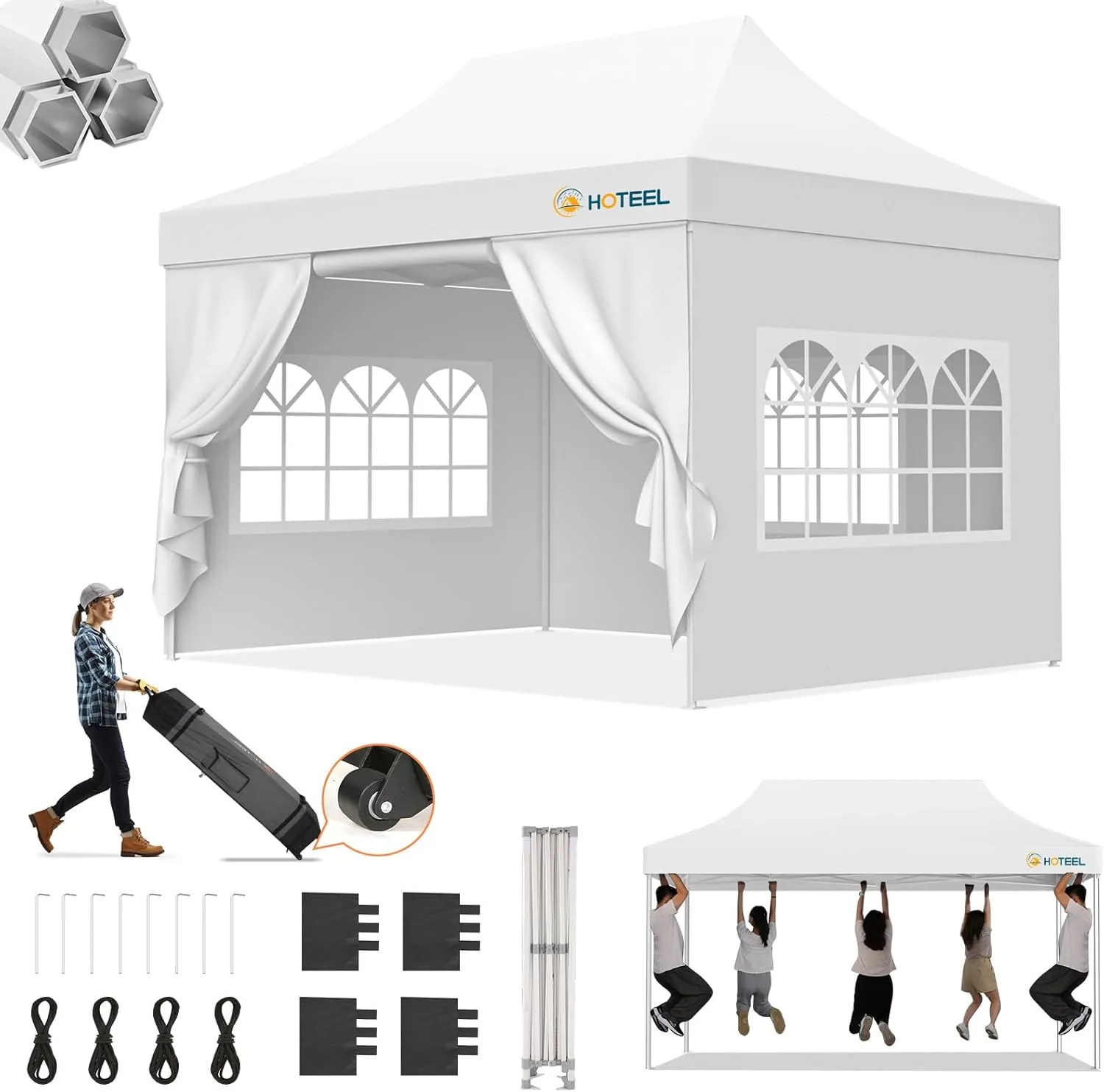 Hoteel 10x15 Pop Up Canopy Tent Heavy Duty with 4 Sidewalls, Waterproof & Flame-Resistant (CPAI-84), Easy Set-up Commercial Instant Tent with Roller Bag & Sandbags, Hexagonal Leg (1-Year Warranty)