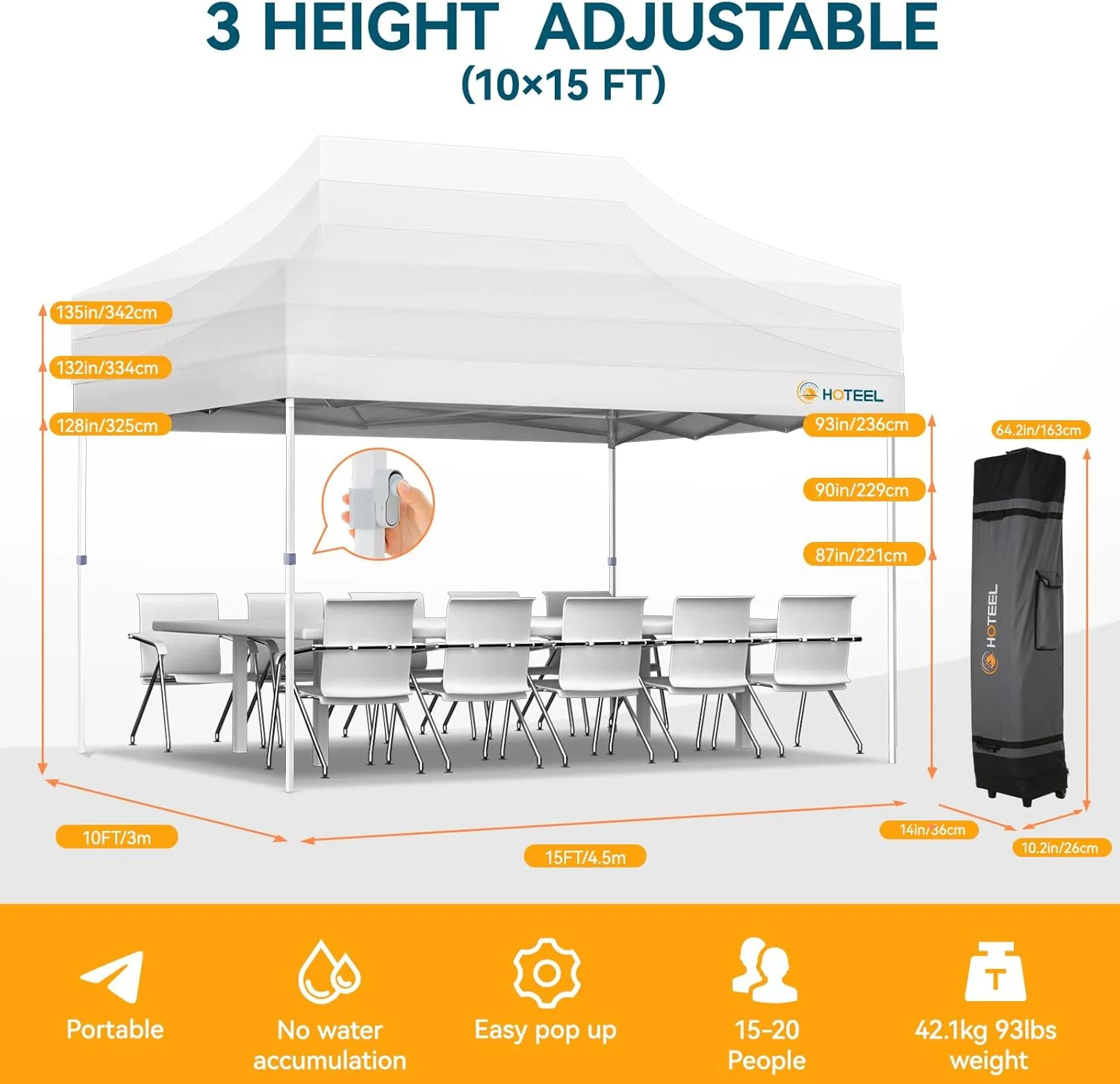 Hoteel 10x15 Pop Up Canopy Tent Heavy Duty with 4 Sidewalls, Waterproof & Flame-Resistant (CPAI-84), Easy Set-up Commercial Instant Tent with Roller Bag & Sandbags, Hexagonal Leg (1-Year Warranty)
