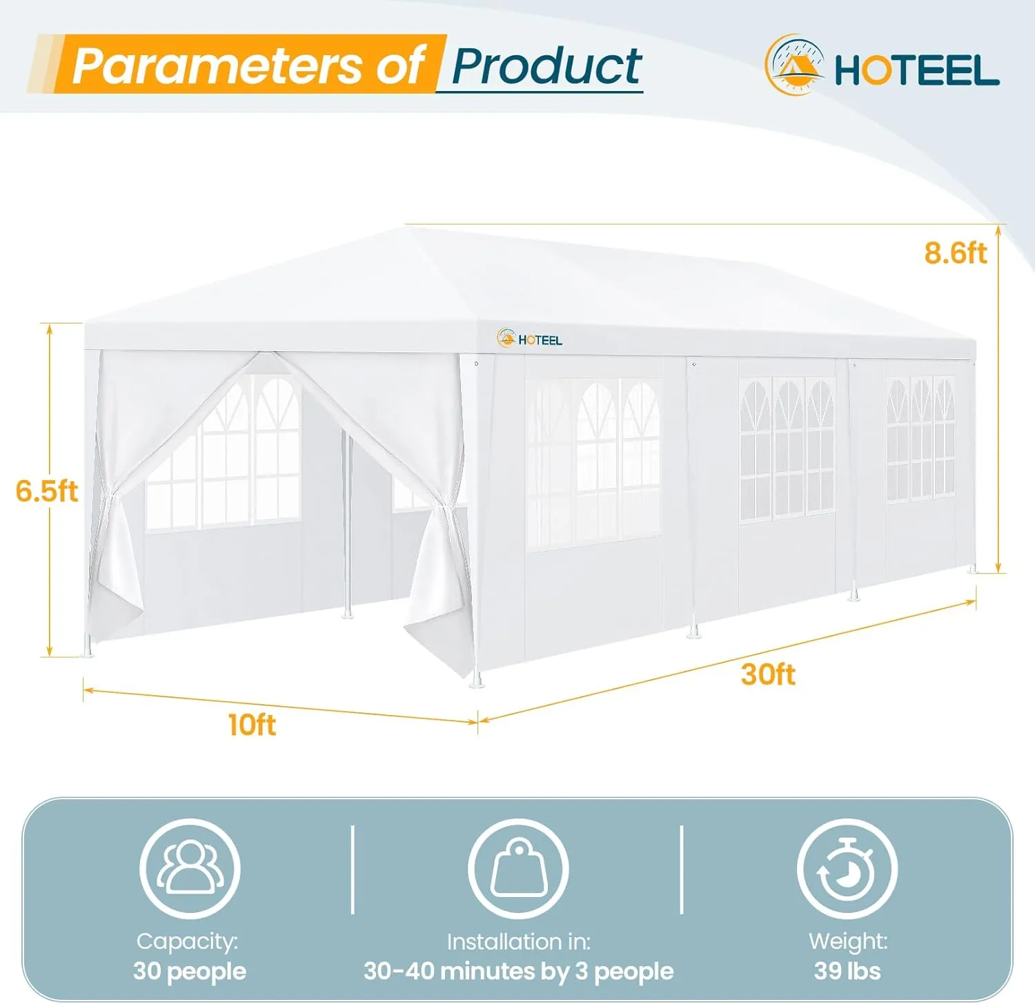 HOTEEL 10'x30' Canopy Party Tent with 6 Removable Sidewalls, Outdoor Event Tent for Weddings, BBQ, Parties, Patio Camping Gazebo, Waterproof, White
