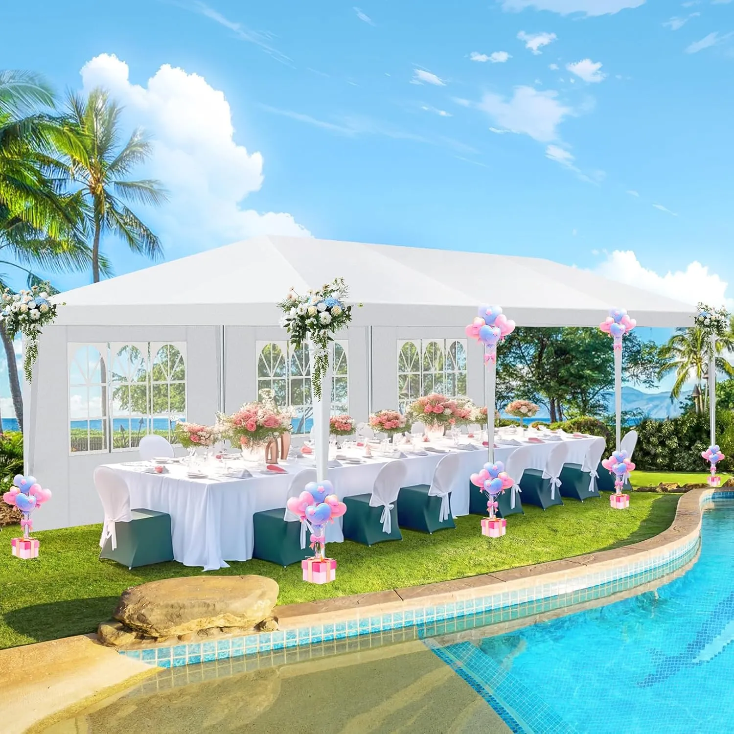 HOTEEL 10'x30' Canopy Party Tent with 6 Removable Sidewalls, Outdoor Event Tent for Weddings, BBQ, Parties, Patio Camping Gazebo, Waterproof, White