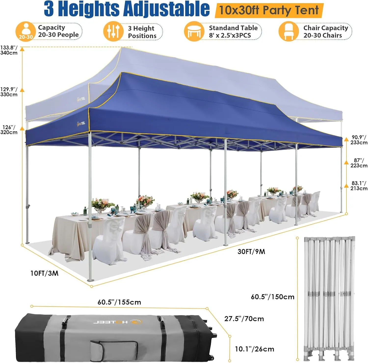 HOTEEL 10x30 Pop up Canopy Tent for Parties, Heavy Duty Easy Setup Tent Without Sidewalls, Outdoor Commercial Instant Gazebo, with Portable Bag, Dark Blue(Hexagonal Frame)