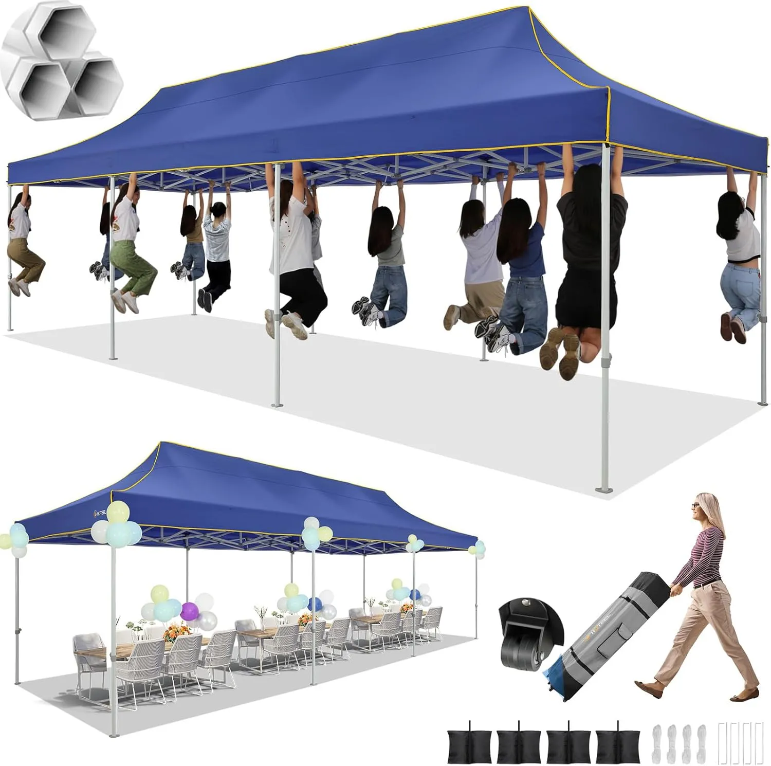 HOTEEL 10x30 Pop up Canopy Tent for Parties, Heavy Duty Easy Setup Tent Without Sidewalls, Outdoor Commercial Instant Gazebo, with Portable Bag, Dark Blue(Hexagonal Frame)