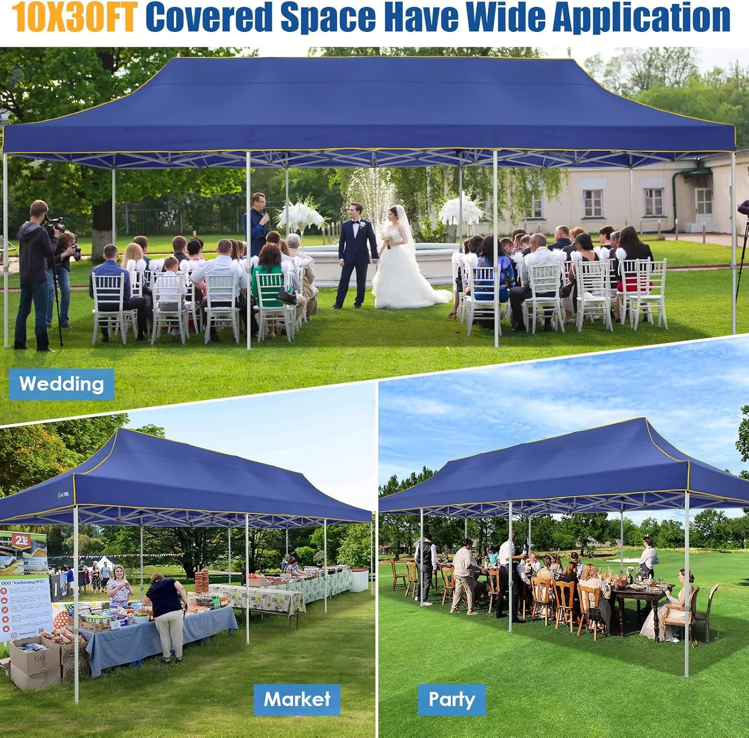 HOTEEL 10x30 Pop up Canopy Tent for Parties, Heavy Duty Easy Setup Tent Without Sidewalls, Outdoor Commercial Instant Gazebo, with Portable Bag, Dark Blue(Hexagonal Frame)