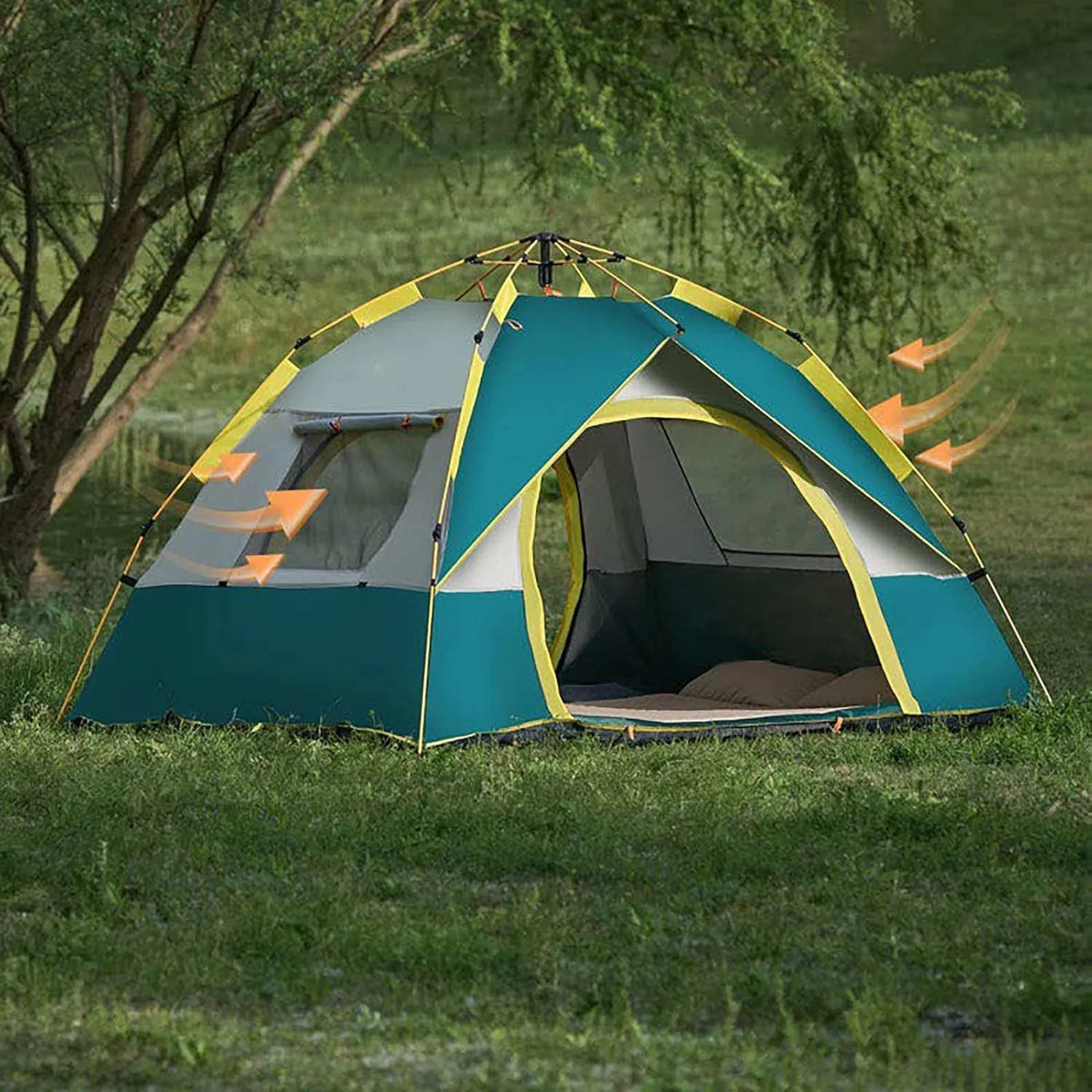 HUHJYUGE 2/4 Person Tent Water Resistant, Instant Pop Up Tent for Camping Weatherproof, Easy Setup Beach Tent Sun Shelter, Ventilated Mesh Windows, for Backpacking, Hiking (A 3 Person)