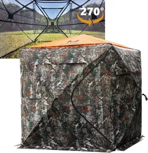Hunting Blind for 2-3 Person, See-Through Ground Blind with Silent Zipper and Orange Top, Portable Pop-Up Tent for Deer and Turkey Hunting with Carry Bag