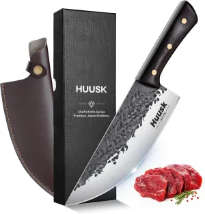 Huusk Butcher Knife for Meat Cutting, Hand Forged Meat Cleaver Knife, Outdoor Cooking Knives for Men, Gifts Idea