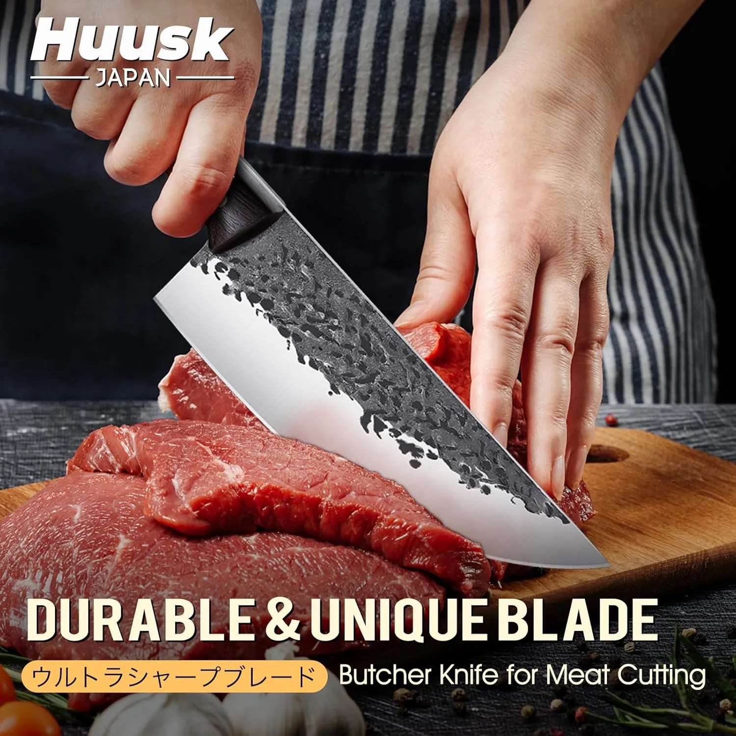 Huusk Butcher Knife for Meat Cutting, Hand Forged Meat Cleaver Knife, Outdoor Cooking Knives for Men, Gifts Idea