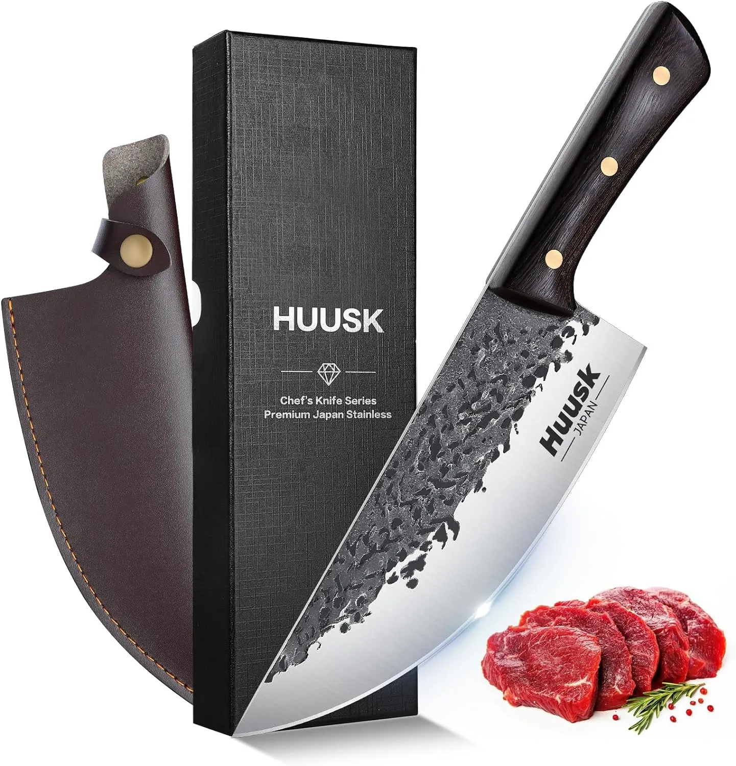 Huusk Butcher Knife for Meat Cutting, Hand Forged Meat Cleaver Knife, Outdoor Cooking Knives for Men, Gifts Idea