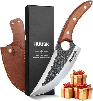 Huusk Chef Knife - Upgraded Viking Hand Forged Meat Cleaver With Sheath - Japanese Butcher Curved Boning Knife for Cutting, Cooking, Kitchen, Outdoor Camping, and BBQ