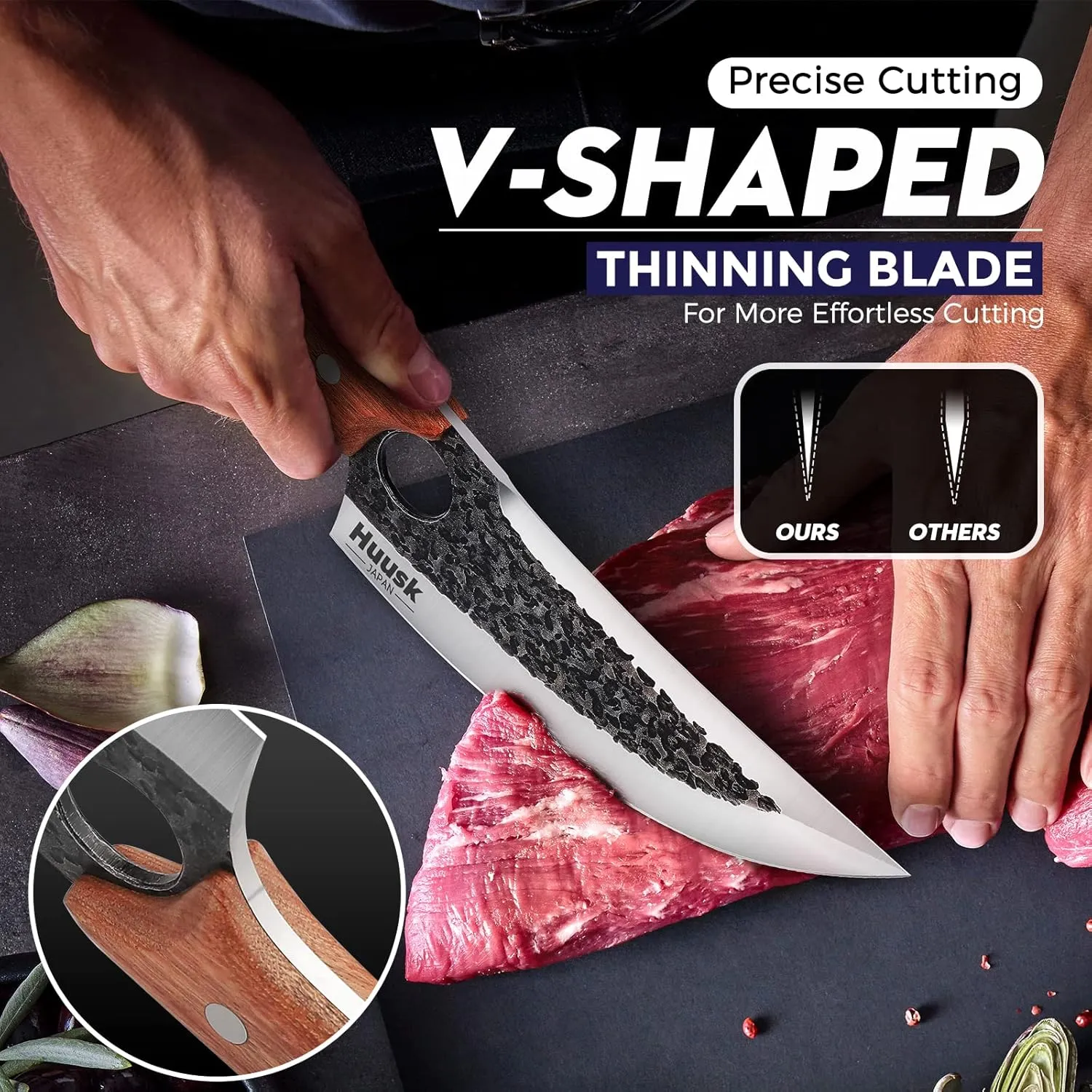 Huusk Chef Knife - Upgraded Viking Hand Forged Meat Cleaver With Sheath - Japanese Butcher Curved Boning Knife for Cutting, Cooking, Kitchen, Outdoor Camping, and BBQ