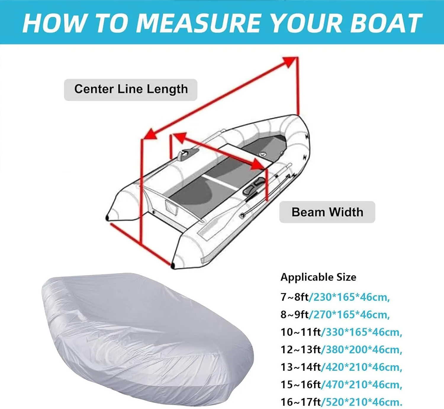 Inflatable Boat Cover 7 Sizes Boat Tarp Waterproof Anti-UV Inflatable Boat Cover for Inflatable Boat and Dinghy,330 * 165 * 46cm