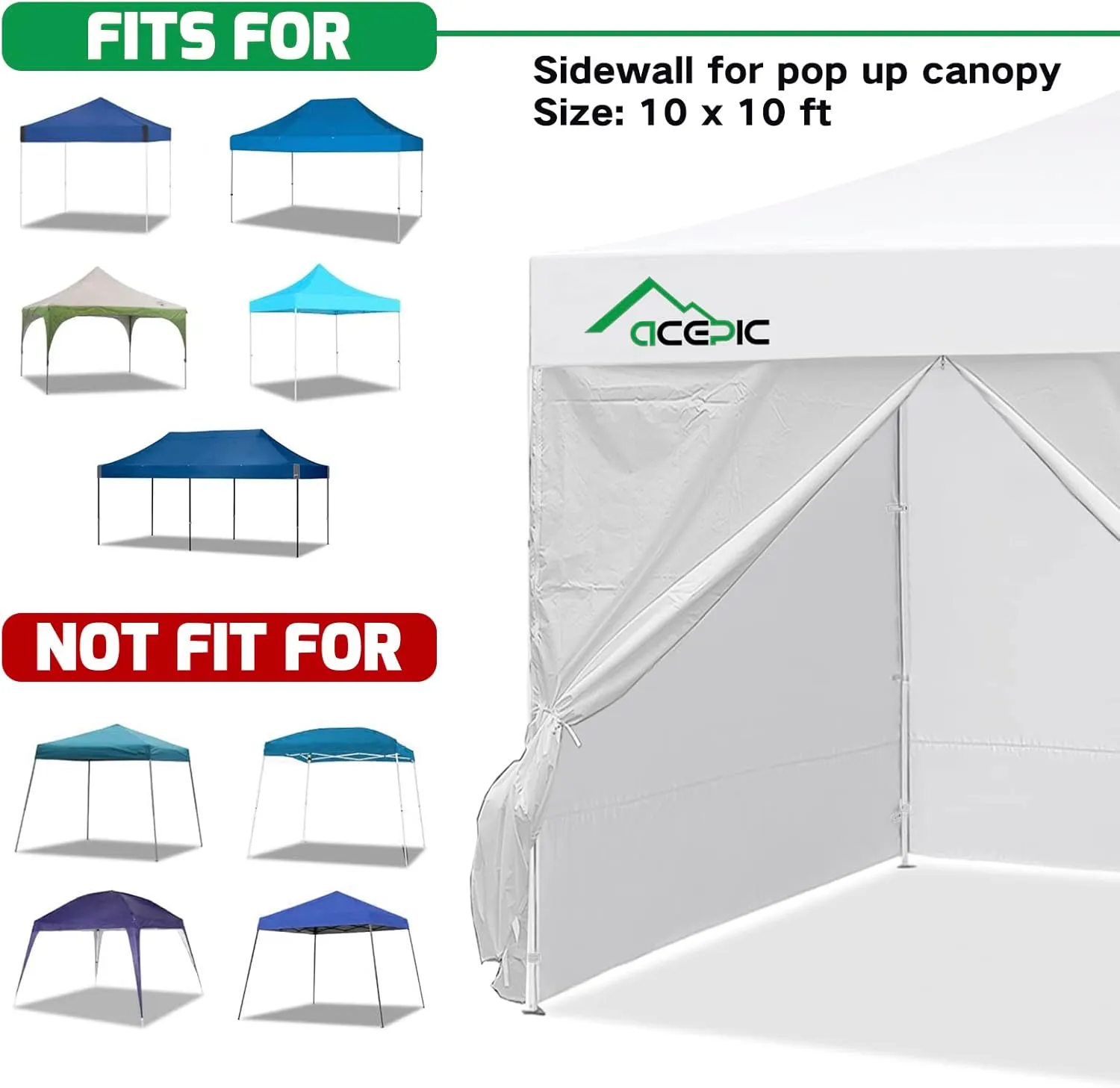 Instant Canopy Tent Sidewalls for 10x10 Pop Up Canopy 210D Waterproof,4 Piece Sidewalls, with Doors,White(4PCS Sidewalls Only, Canopy Tent NOT Included)
