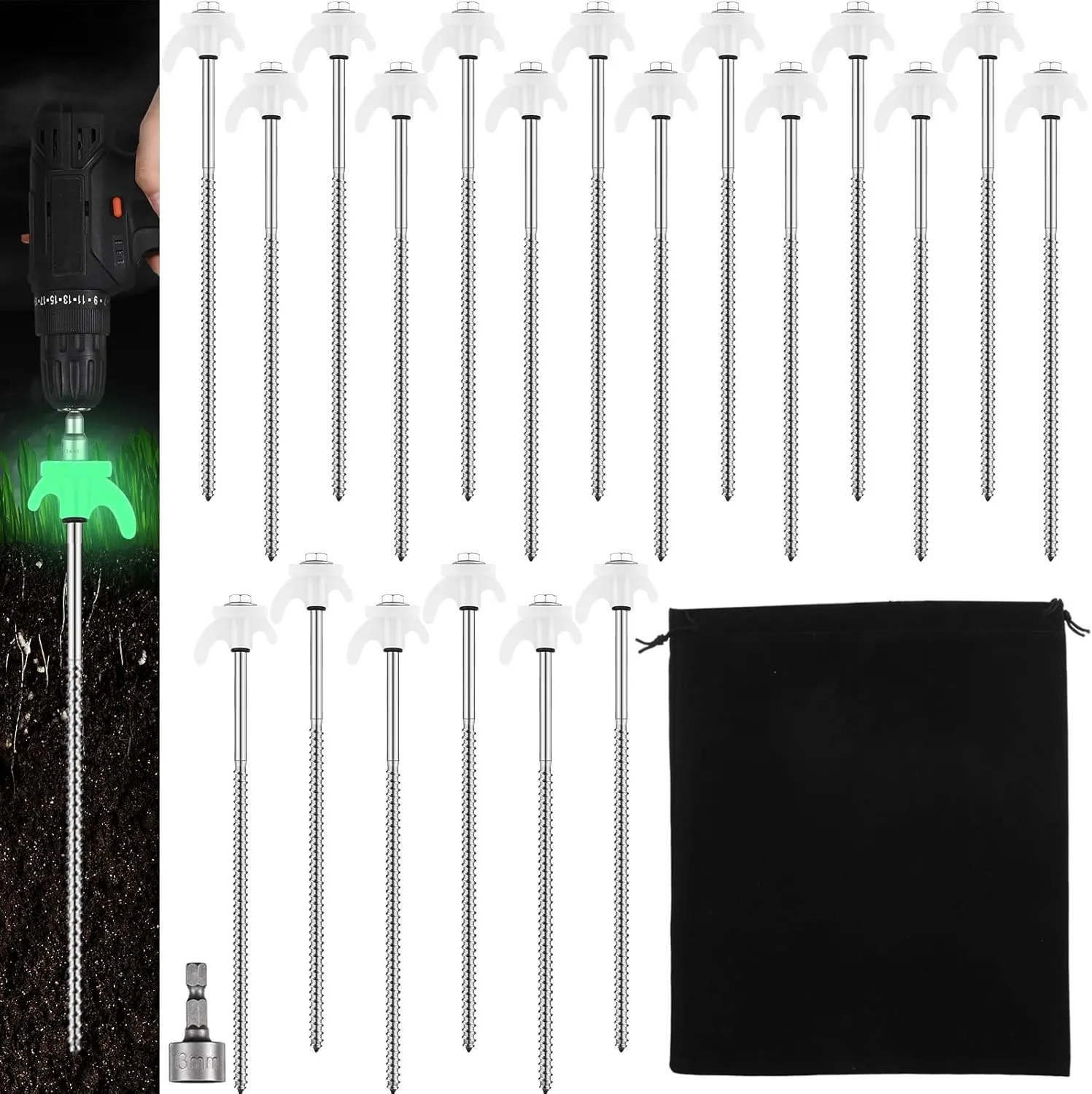 JaGely 40 Pcs 12 Inch Screw in Tent Stakes Heavy Duty Ground Anchors Metal Threaded Spikes Camping Stake Screw in Tent Pegs with Hex Head Driver for Camping Travel Decor Outdoor (Luminous White)